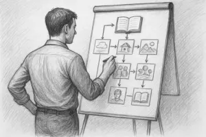 Ein Mann steht an einer Staffelei und zeichnet ein Flussdiagramm mit Symbolen, die Wolken, ein Haus, Berge, Menschen, das Porträt einer Person und Bücher darstellen und auf einen Prozess oder eine Abfolge von Ideen hinweisen.