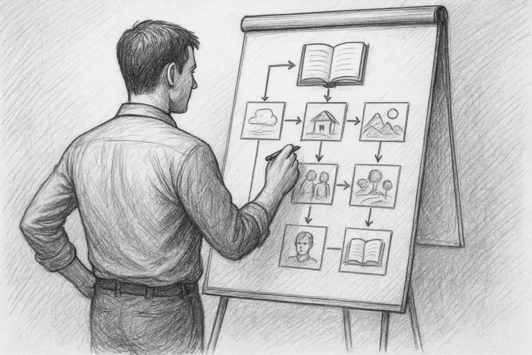 Ein Mann steht an einer Staffelei und zeichnet ein Flussdiagramm mit Symbolen, die Wolken, ein Haus, Berge, Menschen, das Porträt einer Person und Bücher darstellen und auf einen Prozess oder eine Abfolge von Ideen hinweisen.