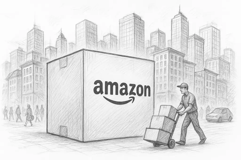 Ein Zusteller schiebt einen mit Kartons beladenen Wagen an einem riesigen Amazon-Paket vorbei. Im Hintergrund ist eine Stadtlandschaft mit hohen Gebäuden und Menschen zu sehen.