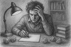 Ein frustrierter Mann sitzt an einem Schreibtisch unter einer Lampe, hält sich den Kopf und schreibt auf Papier. Um ihn herum liegen zerknitterte Blätter und Bücher, die auf eine Schreibblockade oder Stress hindeuten. Die Szene ist mit Bleistift skizziert.