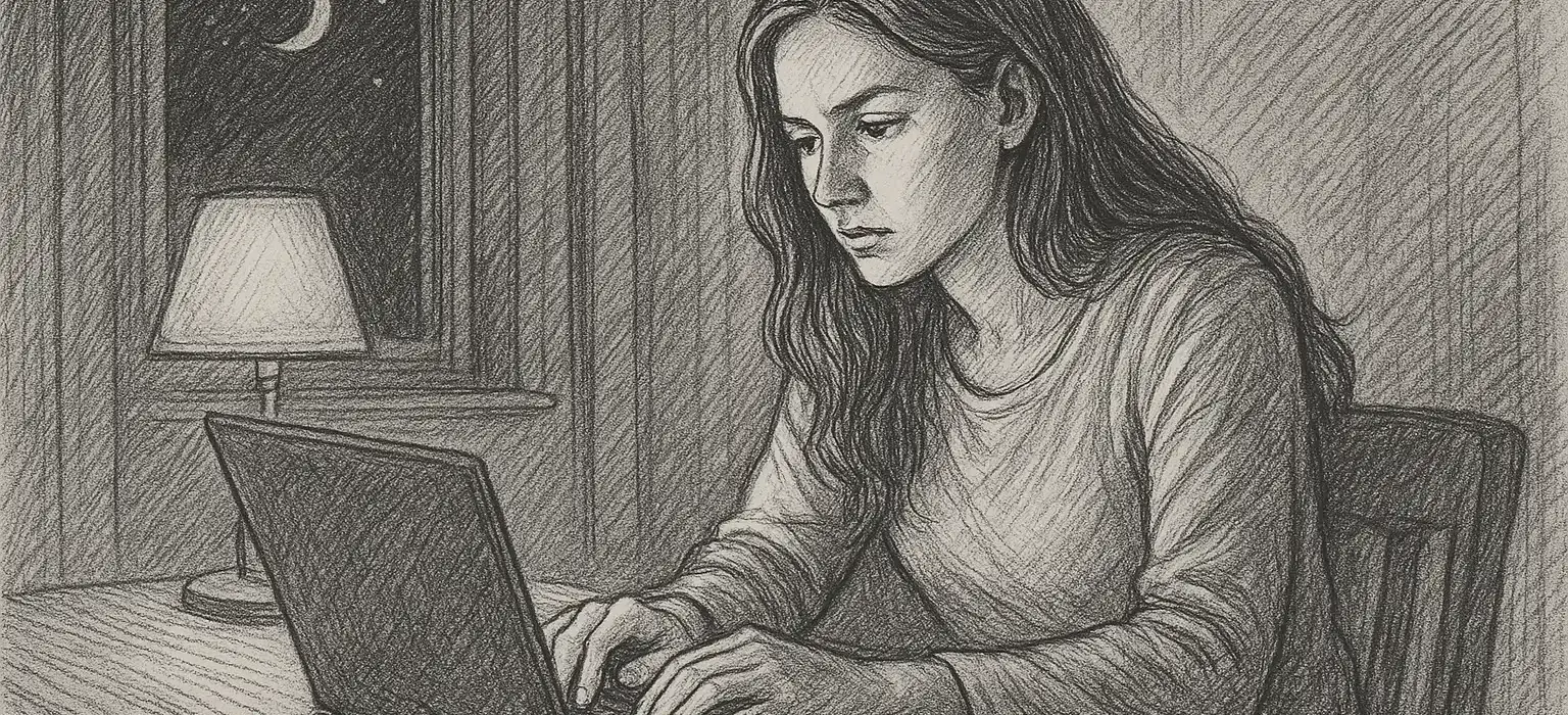 Eine Frau sitzt an einem Tisch und arbeitet nachts an einem Laptop. Neben ihr leuchtet eine Lampe, und durch das Fenster im Hintergrund ist eine Mondsichel zu sehen. Die Szene ist im Stil einer Bleistiftskizze gehalten.