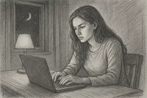 Eine Frau sitzt an einem Tisch und arbeitet nachts an einem Laptop. Neben ihr leuchtet eine Lampe, und durch das Fenster im Hintergrund ist eine Mondsichel zu sehen. Die Szene ist im Stil einer Bleistiftskizze gehalten.