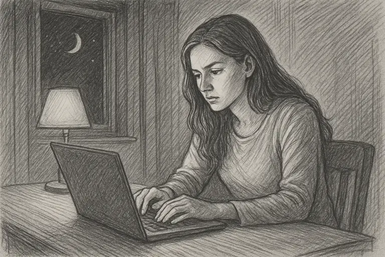 Eine Frau sitzt an einem Tisch und arbeitet nachts an einem Laptop. Neben ihr leuchtet eine Lampe, und durch das Fenster im Hintergrund ist eine Mondsichel zu sehen. Die Szene ist im Stil einer Bleistiftskizze gehalten.