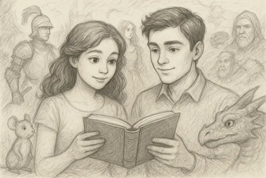 Ein junges Mädchen und ein Junge halten ein aufgeschlagenes Buch in der Hand und lächeln beim Lesen. Um sie herum stehen Fantasiefiguren, darunter ein Ritter, ein Drache, eine Maus und eine geheimnisvolle Frau und ein Mann, die alle mit Bleistift gezeichnet sind.