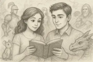 Ein junges Mädchen und ein Junge halten ein aufgeschlagenes Buch in der Hand und lächeln beim Lesen. Um sie herum stehen Fantasiefiguren, darunter ein Ritter, ein Drache, eine Maus und eine geheimnisvolle Frau und ein Mann, die alle mit Bleistift gezeichnet sind.