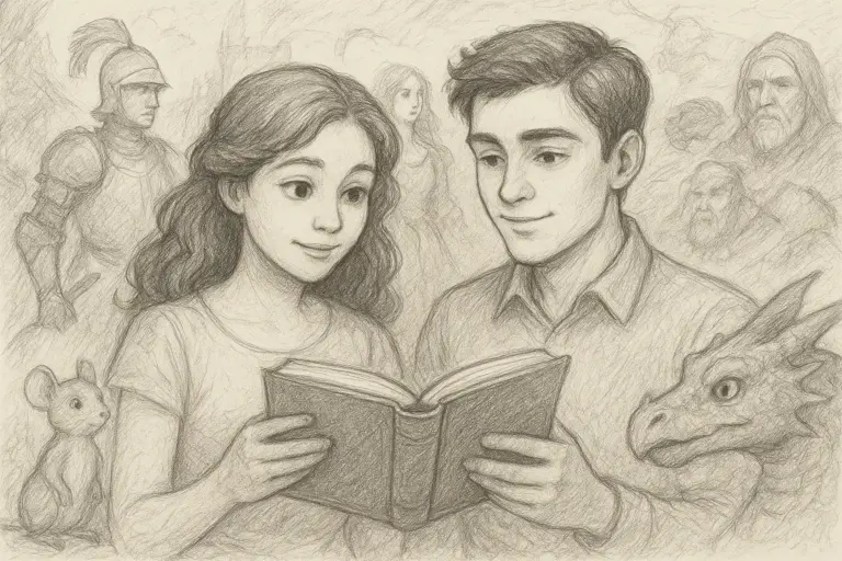 Ein junges Mädchen und ein Junge halten ein aufgeschlagenes Buch in der Hand und lächeln beim Lesen. Um sie herum stehen Fantasiefiguren, darunter ein Ritter, ein Drache, eine Maus und eine geheimnisvolle Frau und ein Mann, die alle mit Bleistift gezeichnet sind.