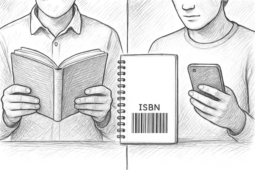 Eine geteilte Illustration zeigt eine Person, die ein Buch liest, und eine andere Person, die ein Notizbuch mit "ISBN" und einem Strichcode in der Hand hält, während sie auf ein Smartphone schaut.