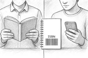Eine geteilte Illustration zeigt eine Person, die ein Buch liest, und eine andere Person, die ein Notizbuch mit "ISBN" und einem Strichcode in der Hand hält, während sie auf ein Smartphone schaut.