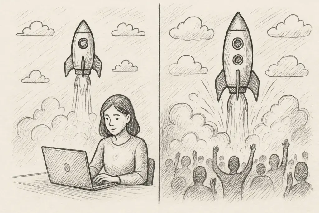 Eine Bleistiftskizze zeigt zwei Tafeln: Links arbeitet eine Frau an einem Laptop, während hinter ihr eine Rakete startet; rechts jubelt eine Menschenmenge, während die Rakete in den Himmel aufsteigt, mit Wolken im Hintergrund.