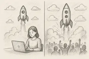 Eine Bleistiftskizze zeigt zwei Tafeln: Links arbeitet eine Frau an einem Laptop, während hinter ihr eine Rakete startet; rechts jubelt eine Menschenmenge, während die Rakete in den Himmel aufsteigt, mit Wolken im Hintergrund.