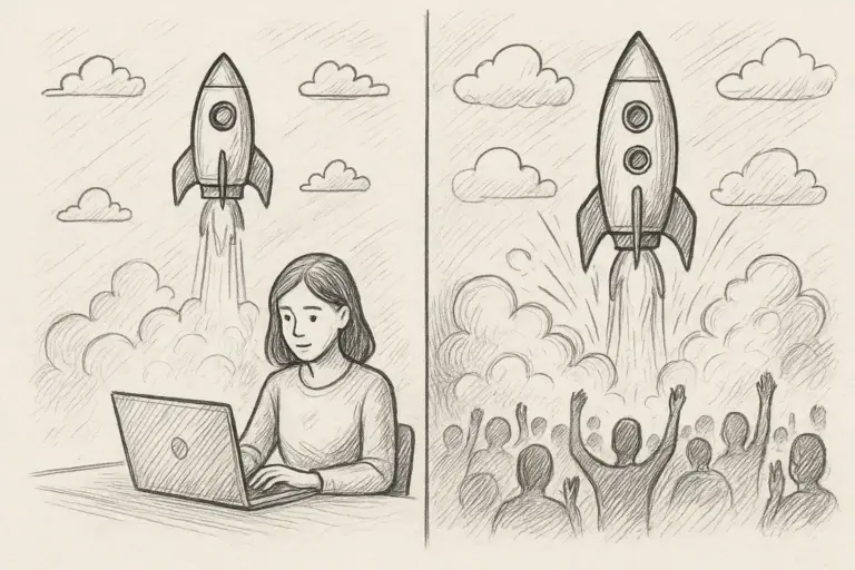 Eine Bleistiftskizze zeigt zwei Tafeln: Links arbeitet eine Frau an einem Laptop, während hinter ihr eine Rakete startet; rechts jubelt eine Menschenmenge, während die Rakete in den Himmel aufsteigt, mit Wolken im Hintergrund.