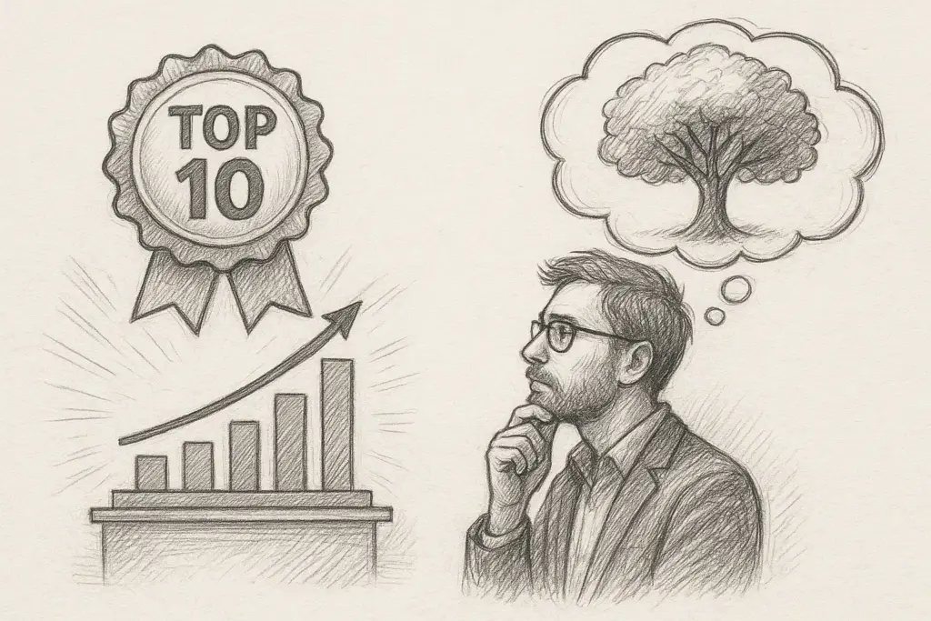 Ein Mann mit Brille betrachtet nachdenklich ein ansteigendes Balkendiagramm und ein Top-10-Band, während eine Gedankenblase über seinem Kopf einen Baum enthält. Die Szene ist im Stil einer Bleistiftskizze gezeichnet.