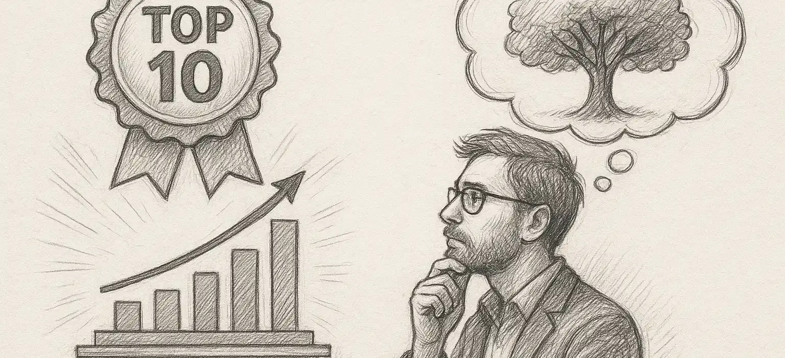 Ein Mann mit Brille betrachtet nachdenklich ein ansteigendes Balkendiagramm und ein Top-10-Band, während eine Gedankenblase über seinem Kopf einen Baum enthält. Die Szene ist im Stil einer Bleistiftskizze gezeichnet.