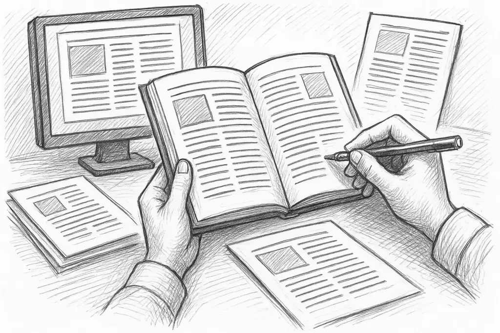 Eine Person liest ein aufgeschlagenes Buch und schreibt Notizen, umgeben von Dokumenten auf einem Schreibtisch, während im Hintergrund ein Computermonitor Text anzeigt. Das Bild ist im Stil einer handgezeichneten Skizze gehalten.